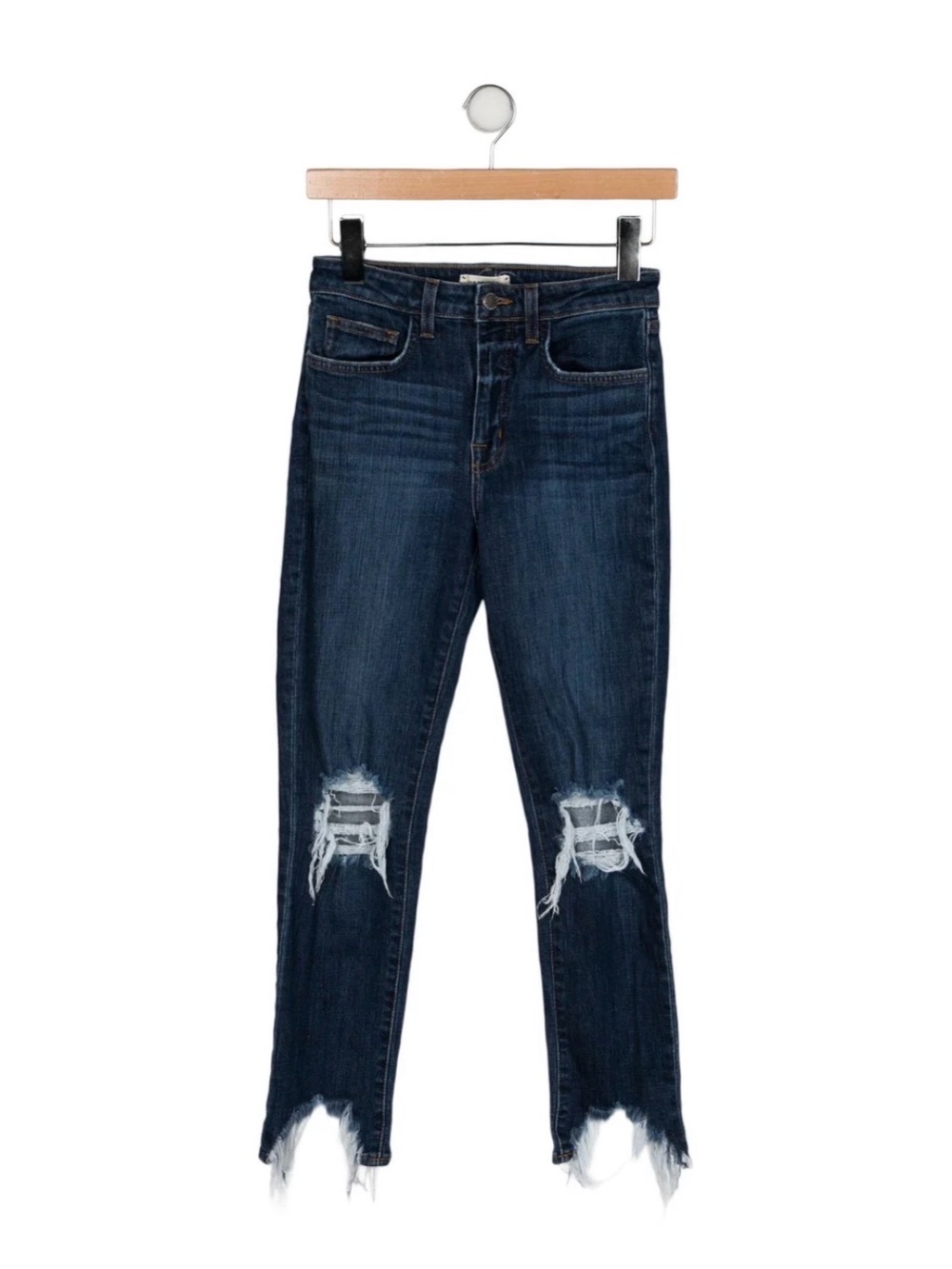 L'AGENCE Dark Blue Distressed Skinny Jeans with Knee Rips